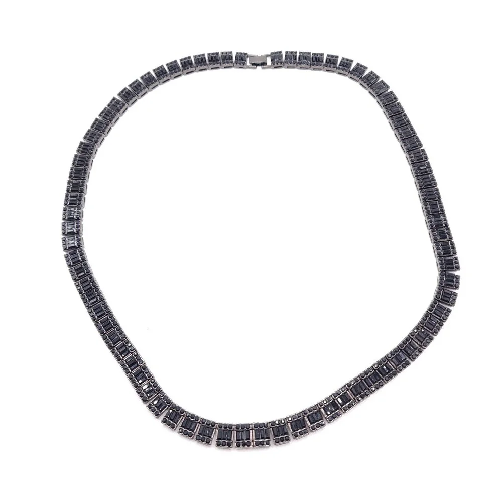 Black Stainless Steel Tennis Necklace Baguette Black CZ Iced Out Chain 24in
